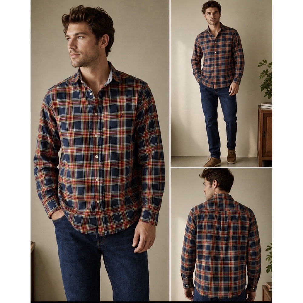 Nautica Shirt Mens Large Blue Green White Plaid Button Down Long Sleeve Cotton L